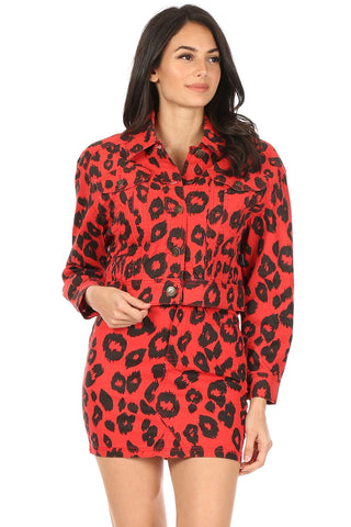 Red Leopard Print Button Down Jacket