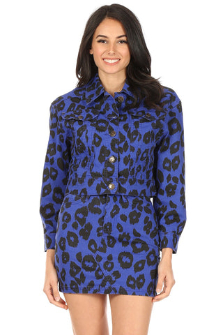 Blue Leopard Print Button Down Jacket