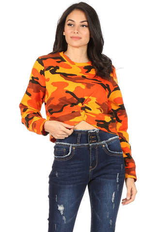 Long Sleeve Orange Camo Printed Sweatshirt Crop Top